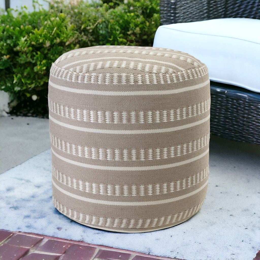 20" Brown Polyester Round Striped Indoor Outdoor Pouf Ottoman