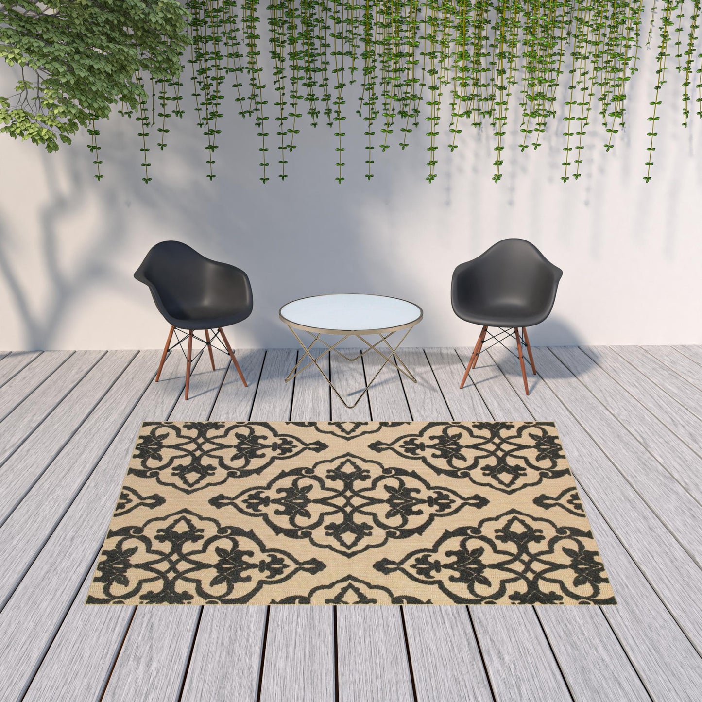 7' x 10' Beige and Black Oriental Stain Resistant Indoor Outdoor Area Rug