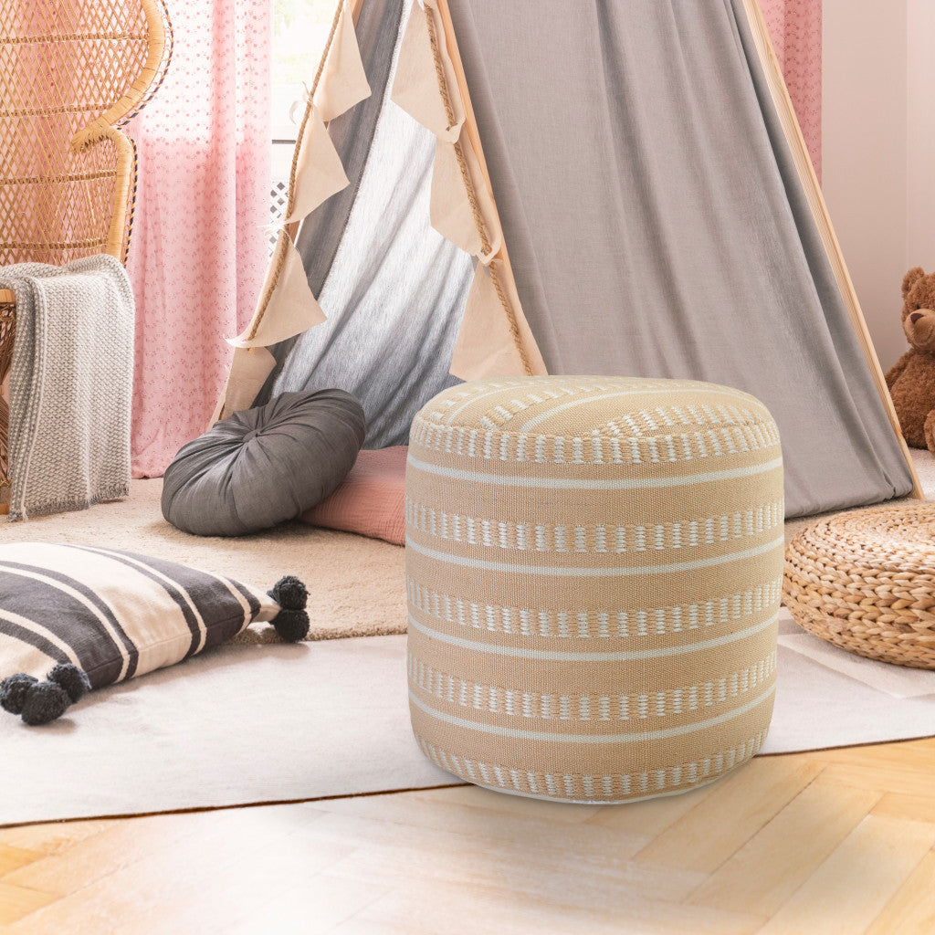 20" Orange Polyester Round Striped Indoor Outdoor Pouf Ottoman