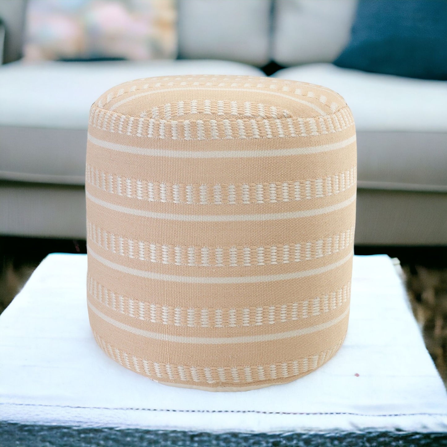 20" Orange Polyester Round Striped Indoor Outdoor Pouf Ottoman