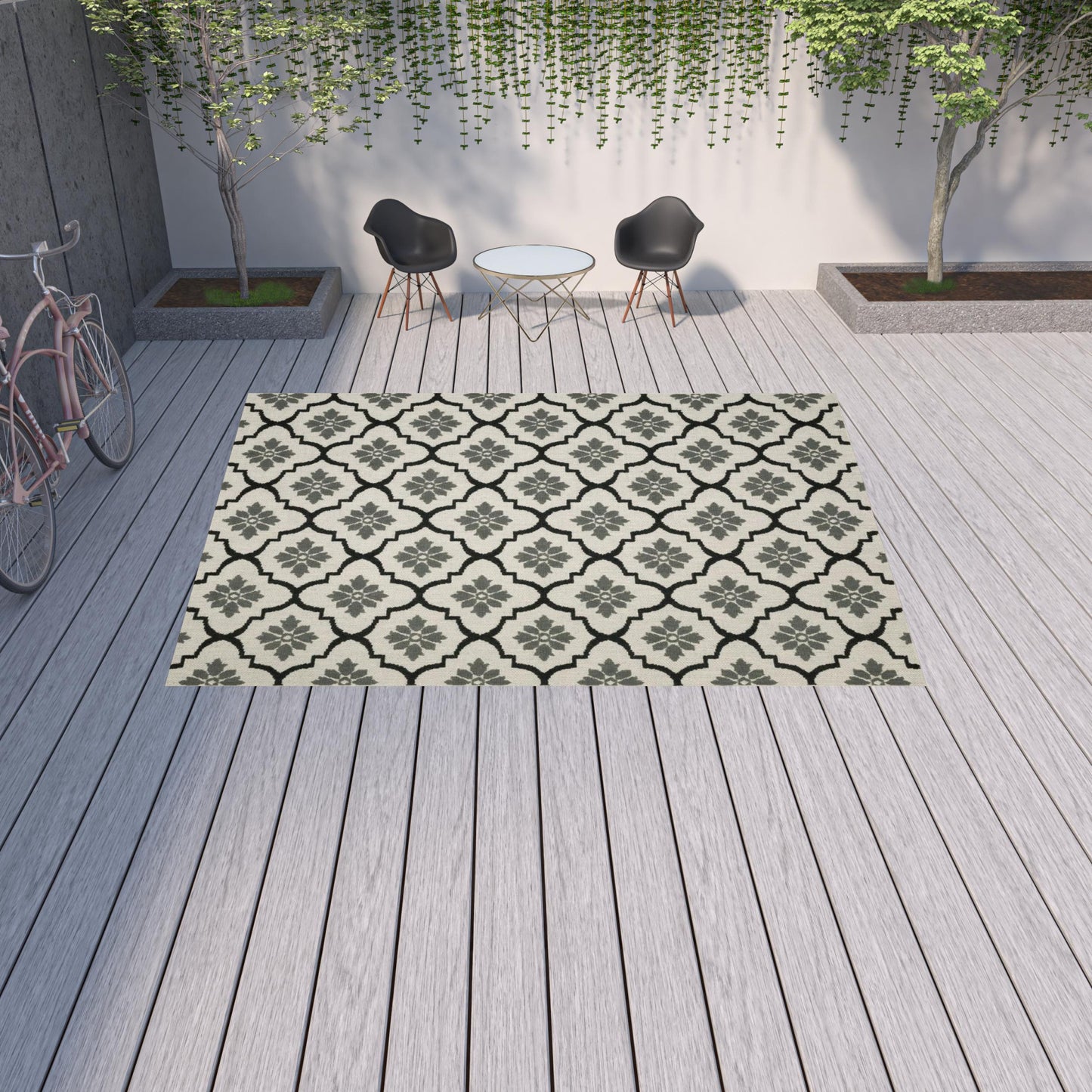 10' x 13' Beige and Black Geometric Stain Resistant Indoor Outdoor Area Rug