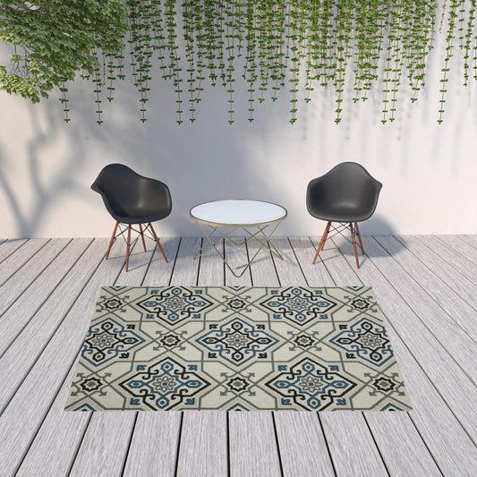 7' x 9' Blue and Beige Oriental Stain Resistant Indoor Outdoor Area Rug