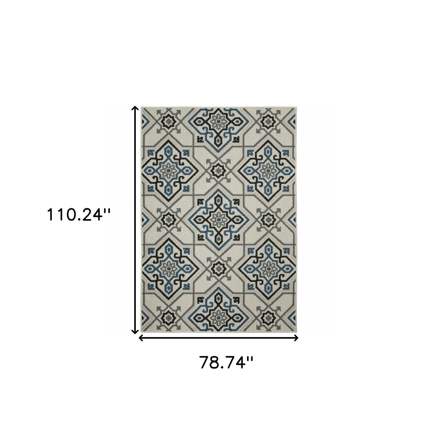 7' x 9' Blue and Beige Oriental Stain Resistant Indoor Outdoor Area Rug