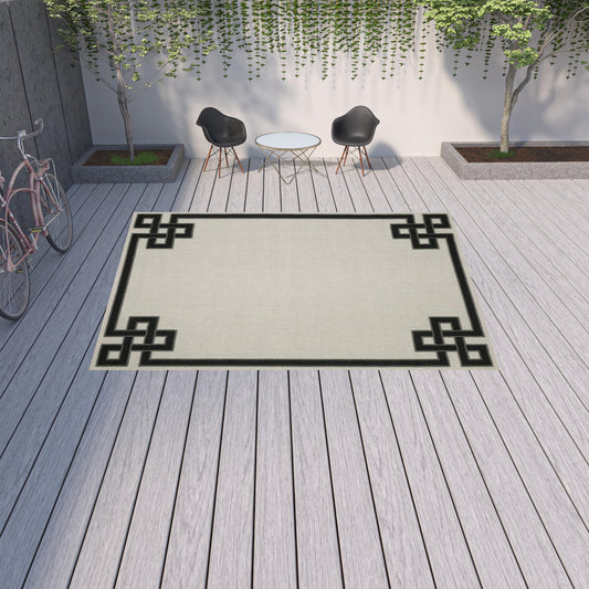 10' x 13' Beige and Black Stain Resistant Indoor Outdoor Area Rug