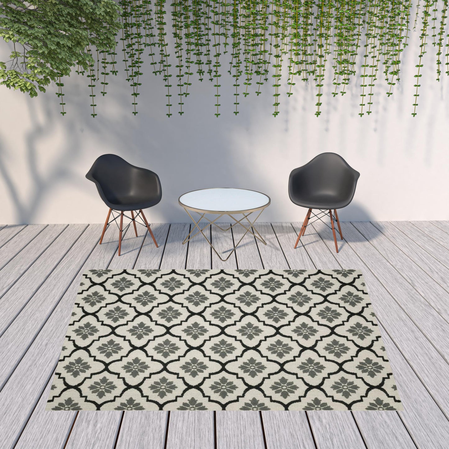 8' x 10' Beige and Black Geometric Stain Resistant Indoor Outdoor Area Rug