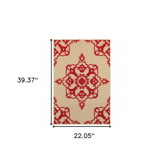 2' x 3' Red Oriental Stain Resistant Indoor Outdoor Area Rug