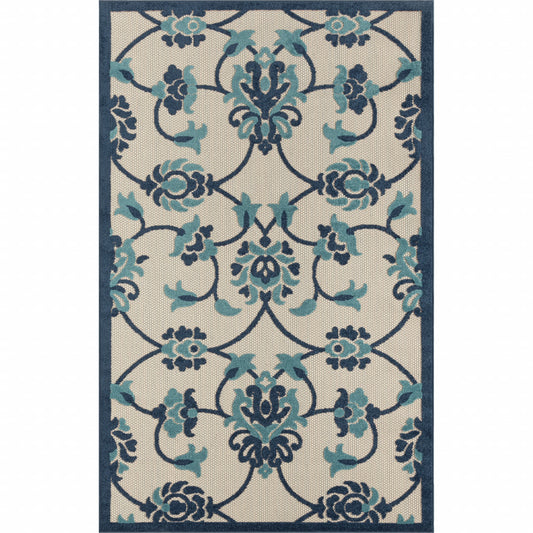 4' X 6' Blue Floral Non Skid Indoor Outdoor Area Rug