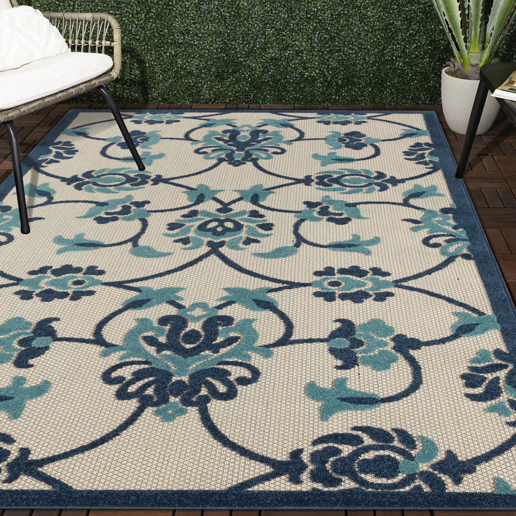 4' X 6' Blue Floral Non Skid Indoor Outdoor Area Rug