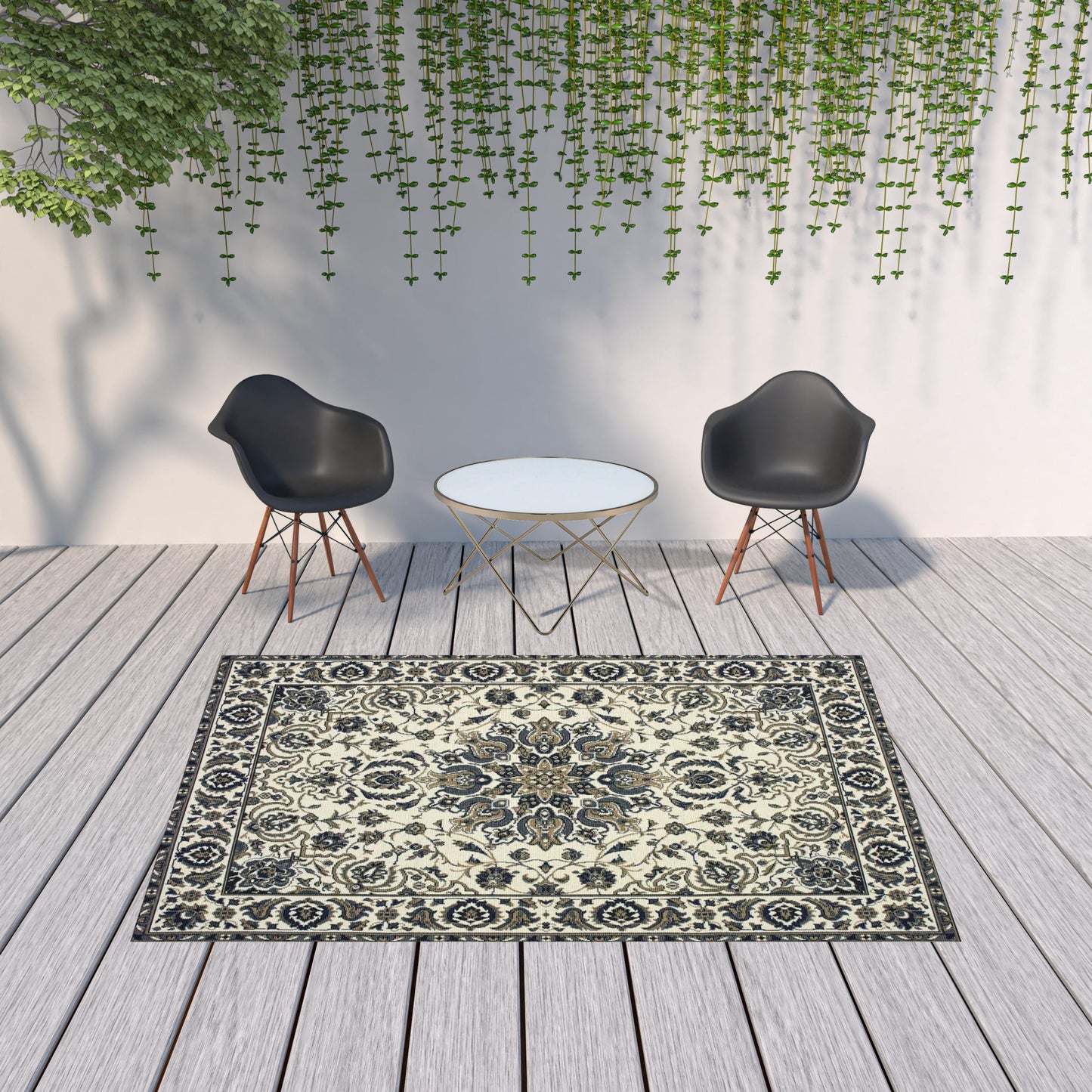 7' x 10' Ivory and Blue Oriental Stain Resistant Indoor Outdoor Area Rug