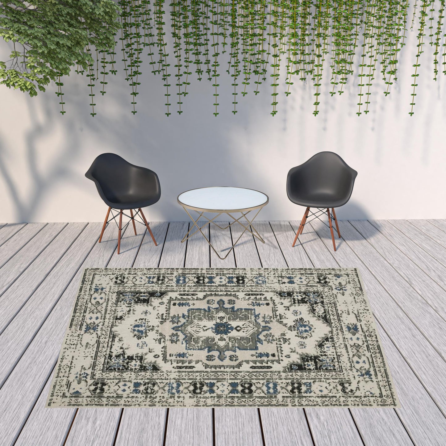 8' x 10' Blue and Beige Oriental Stain Resistant Indoor Outdoor Area Rug