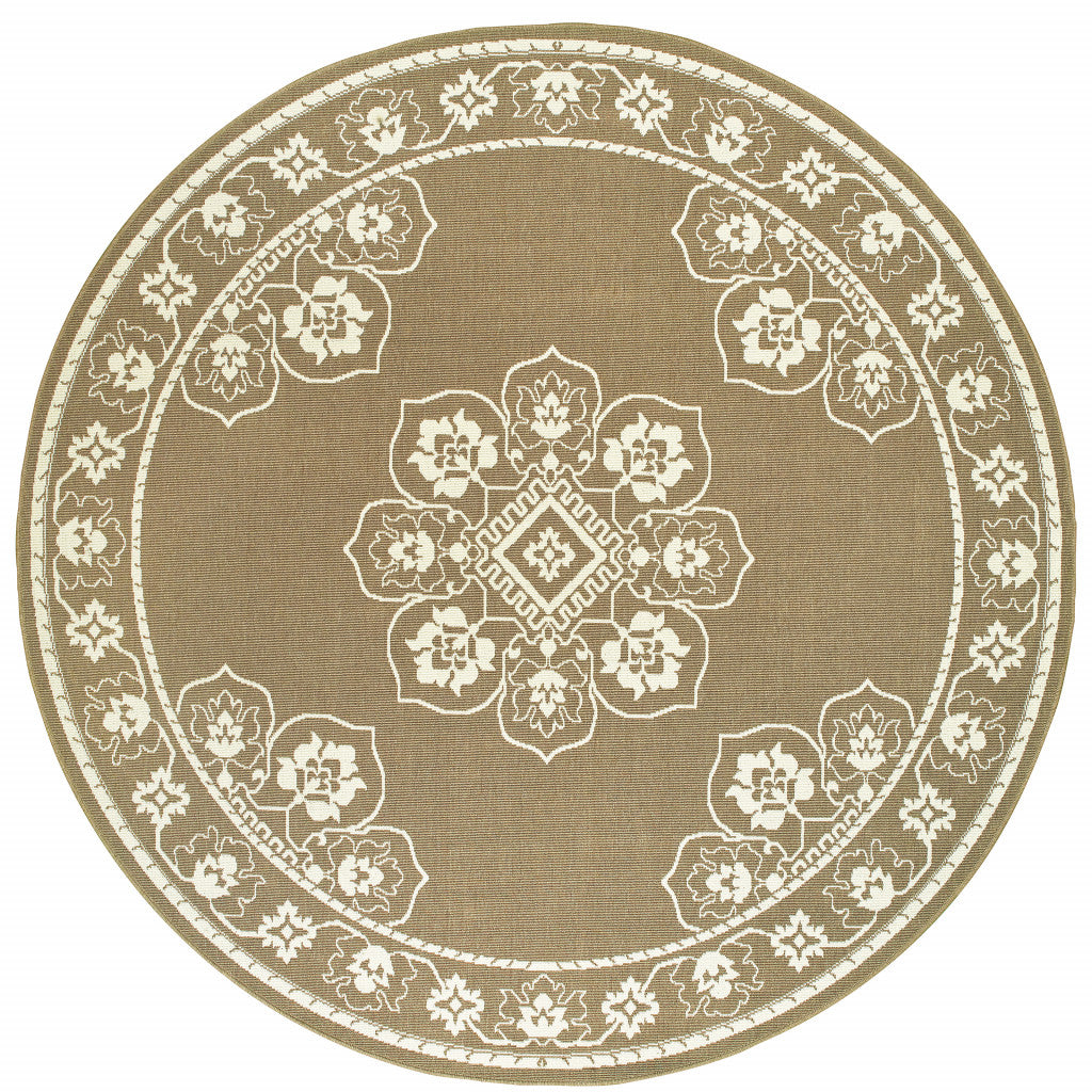 8' x 8' Tan Round Oriental Stain Resistant Indoor Outdoor Area Rug