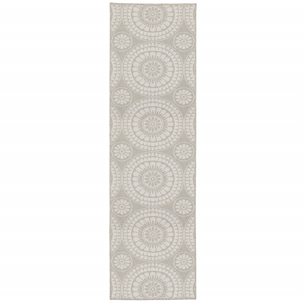 2' X 7' Gray and Ivory Geometric Stain Resistant Indoor Outdoor Area Rug