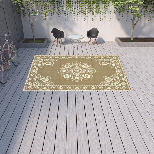 9' X 13' Tan Oriental Stain Resistant Indoor Outdoor Area Rug