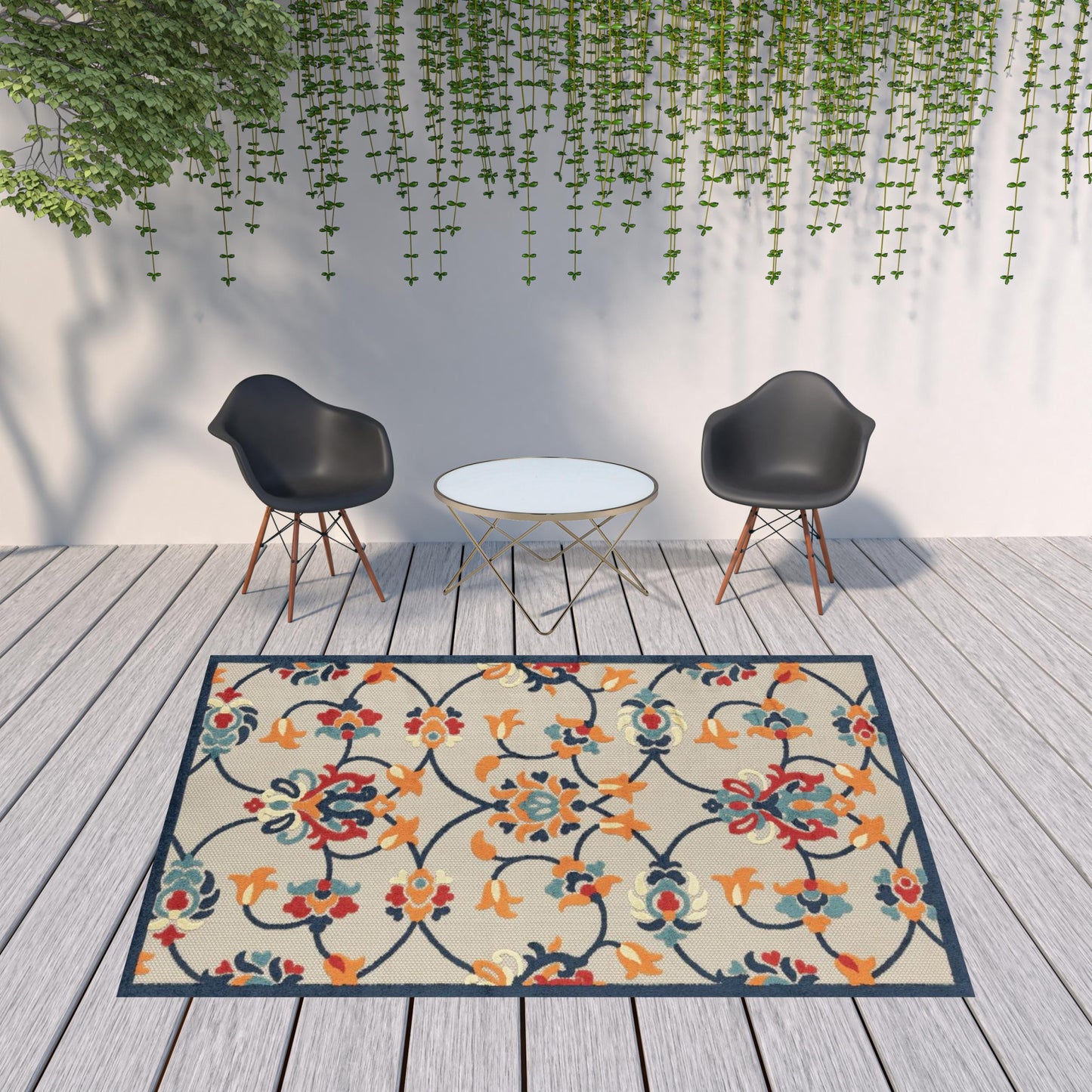 8' X 10' Blue And Orange Floral Non Skid Indoor Outdoor Area Rug