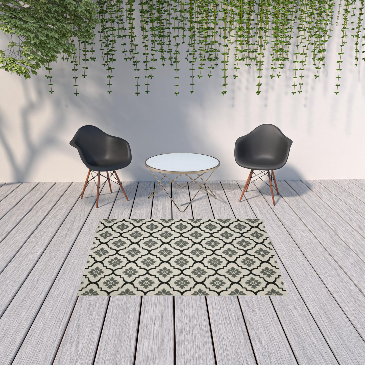 5' x 7' Beige and Black Geometric Stain Resistant Indoor Outdoor Area Rug