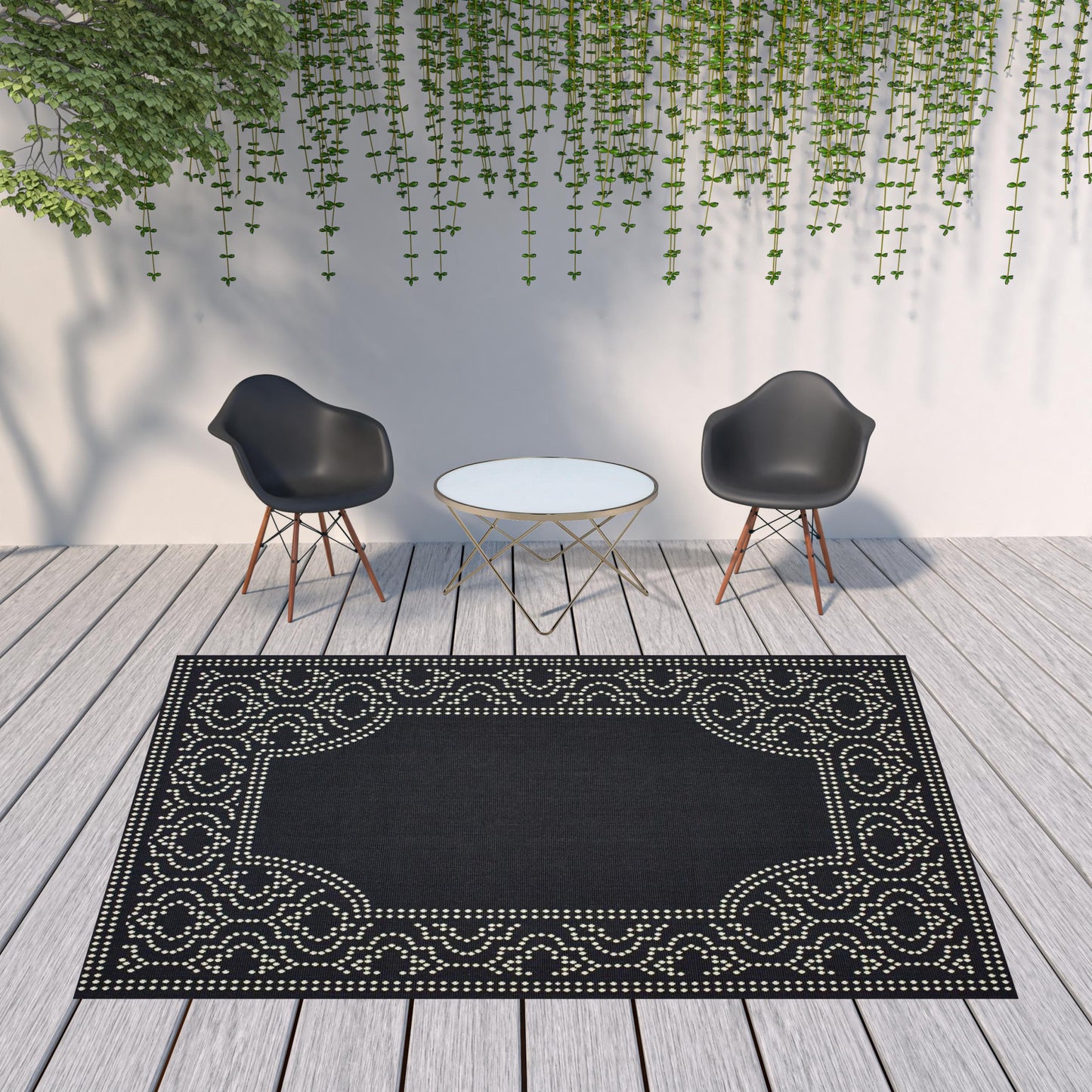 8' x 11' Black and Ivory Stain Resistant Indoor Outdoor Area Rug