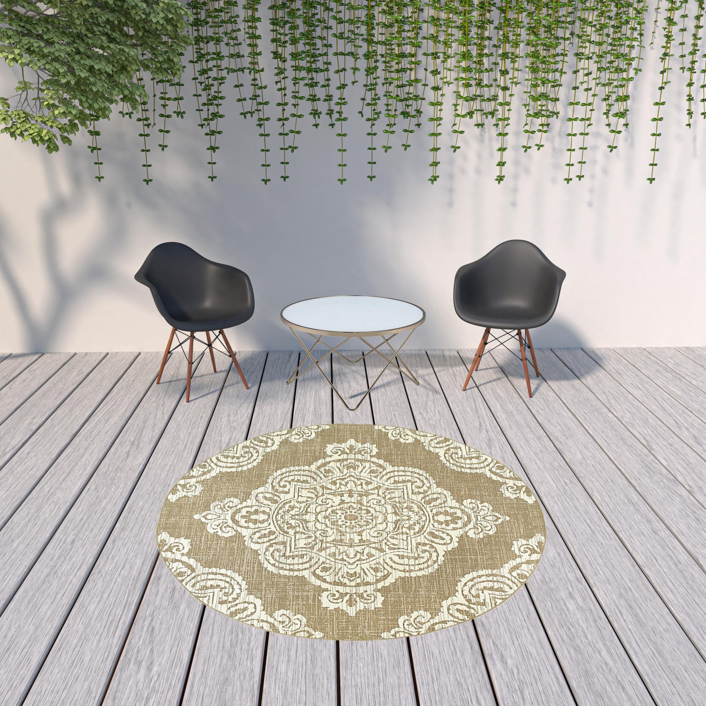 8' x 8' Tan Round Oriental Stain Resistant Indoor Outdoor Area Rug