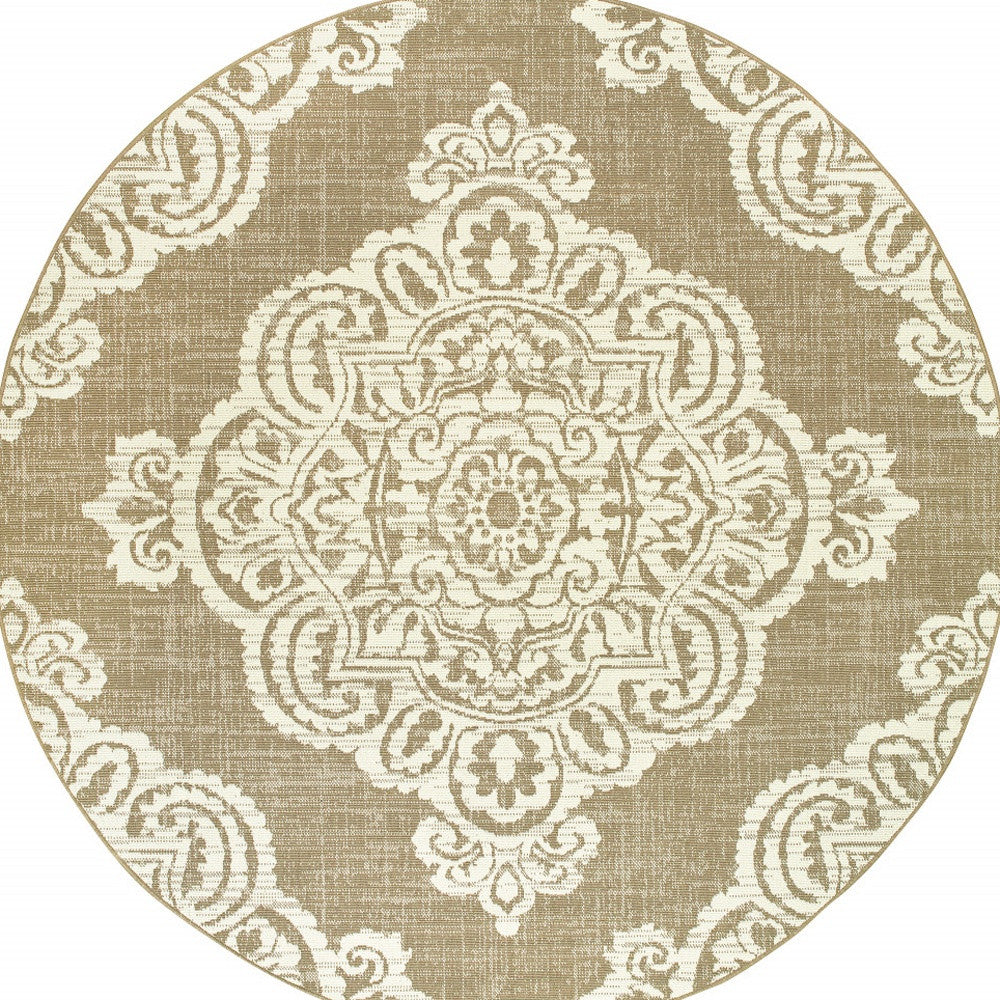 8' x 8' Tan Round Oriental Stain Resistant Indoor Outdoor Area Rug