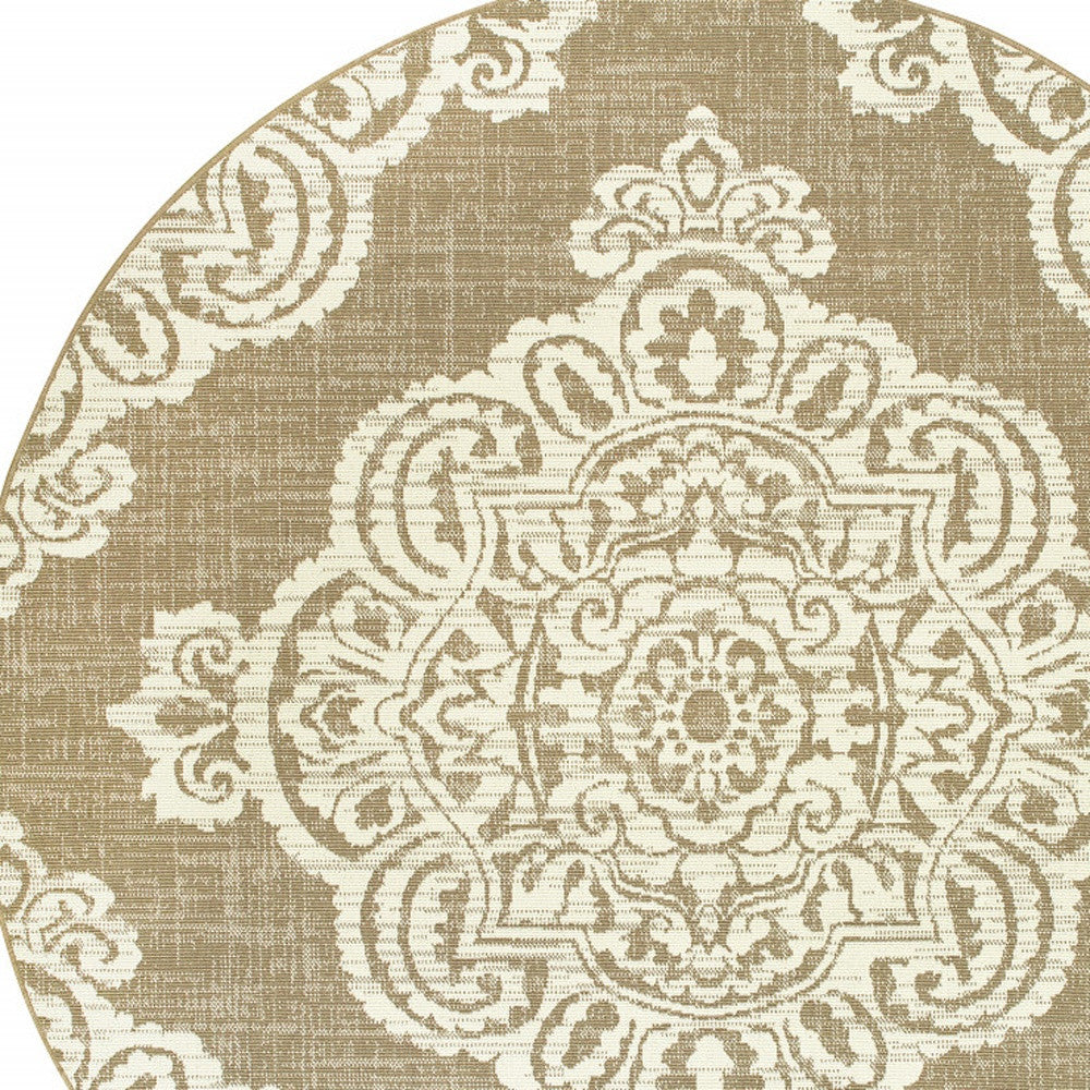 8' x 8' Tan Round Oriental Stain Resistant Indoor Outdoor Area Rug