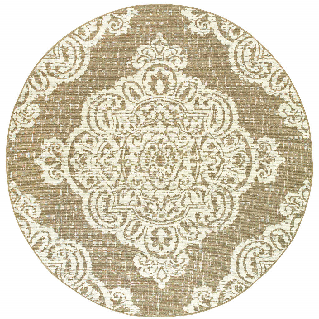 8' x 8' Tan Round Oriental Stain Resistant Indoor Outdoor Area Rug