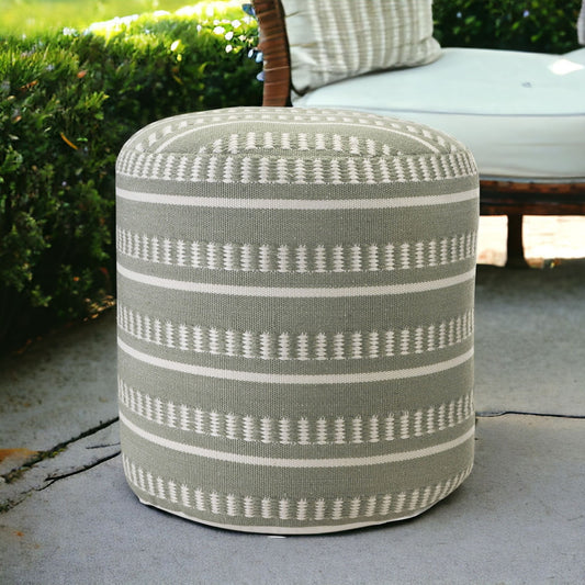 20" Green Polyester Round Striped Indoor Outdoor Pouf Ottoman