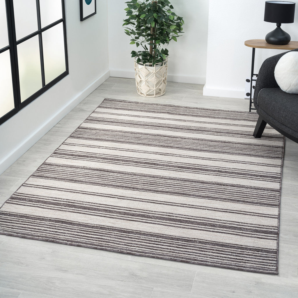 8' X 9' Gray And Ivory Striped Indoor Outdoor Area Rug