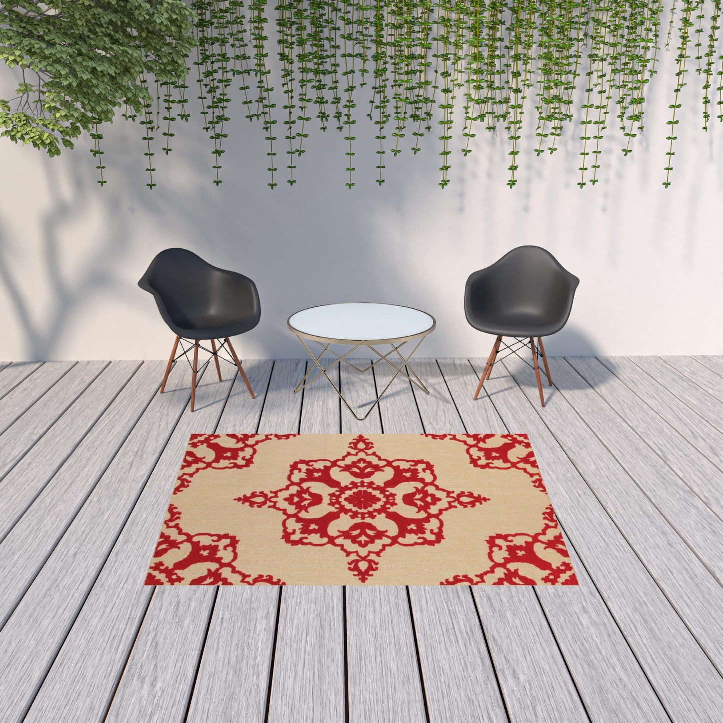 5' x 8' Red Oriental Stain Resistant Indoor Outdoor Area Rug