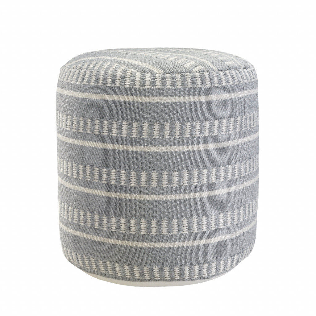 20" Blue Polyester Round Striped Indoor Outdoor Pouf Ottoman