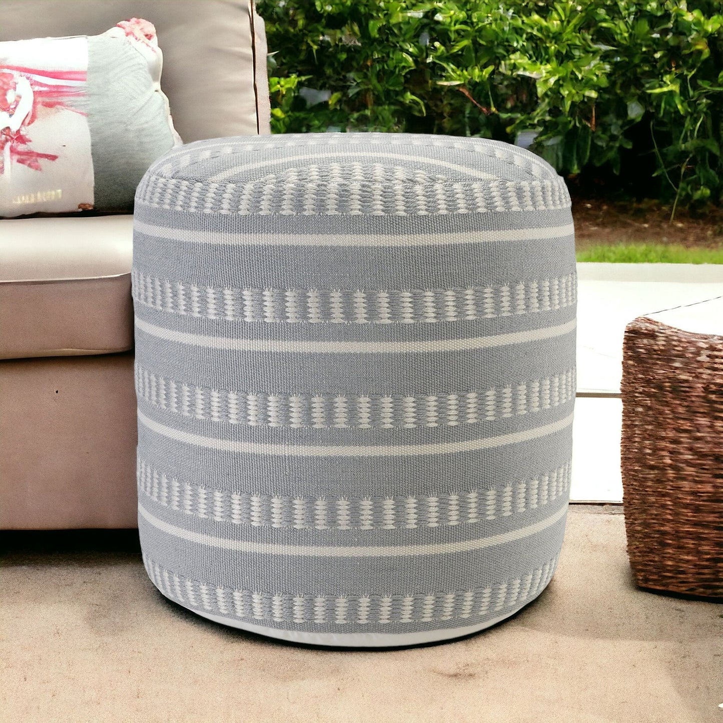 20" Blue Polyester Round Striped Indoor Outdoor Pouf Ottoman