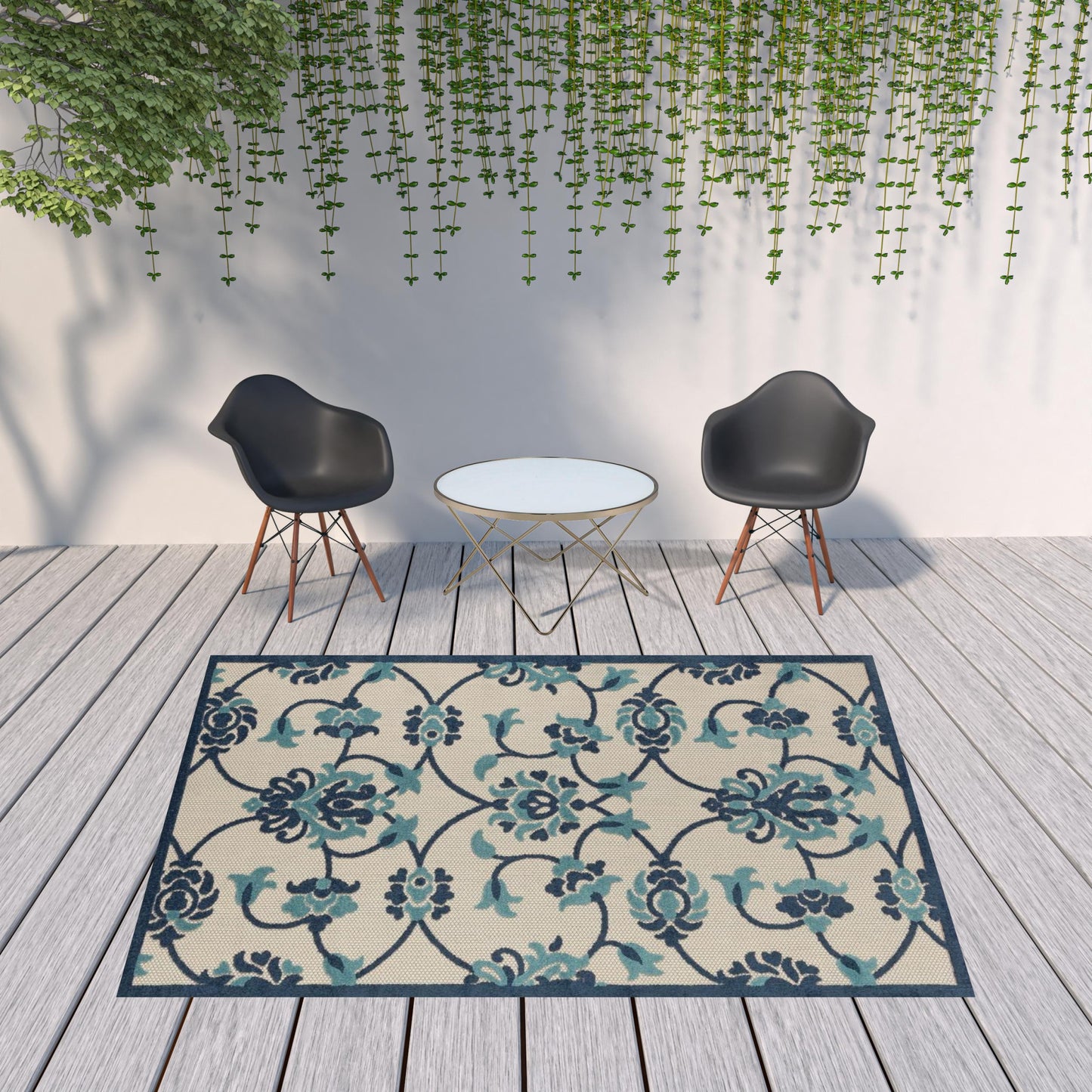 8' X 10' Blue Floral Non Skid Indoor Outdoor Area Rug