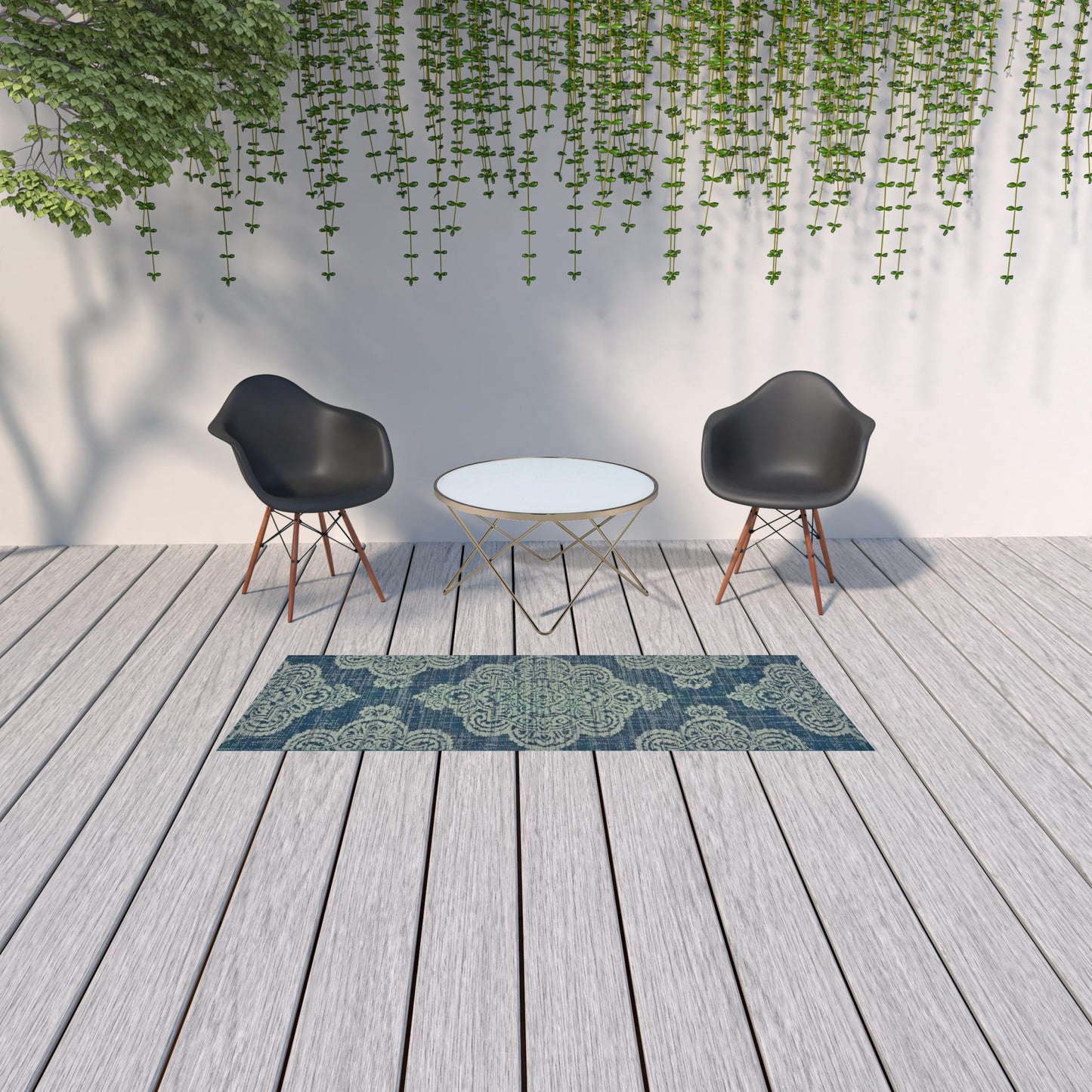 2' X 8' Blue Oriental Stain Resistant Indoor Outdoor Area Rug