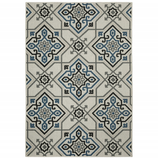 8' x 10' Blue and Beige Oriental Stain Resistant Indoor Outdoor Area Rug