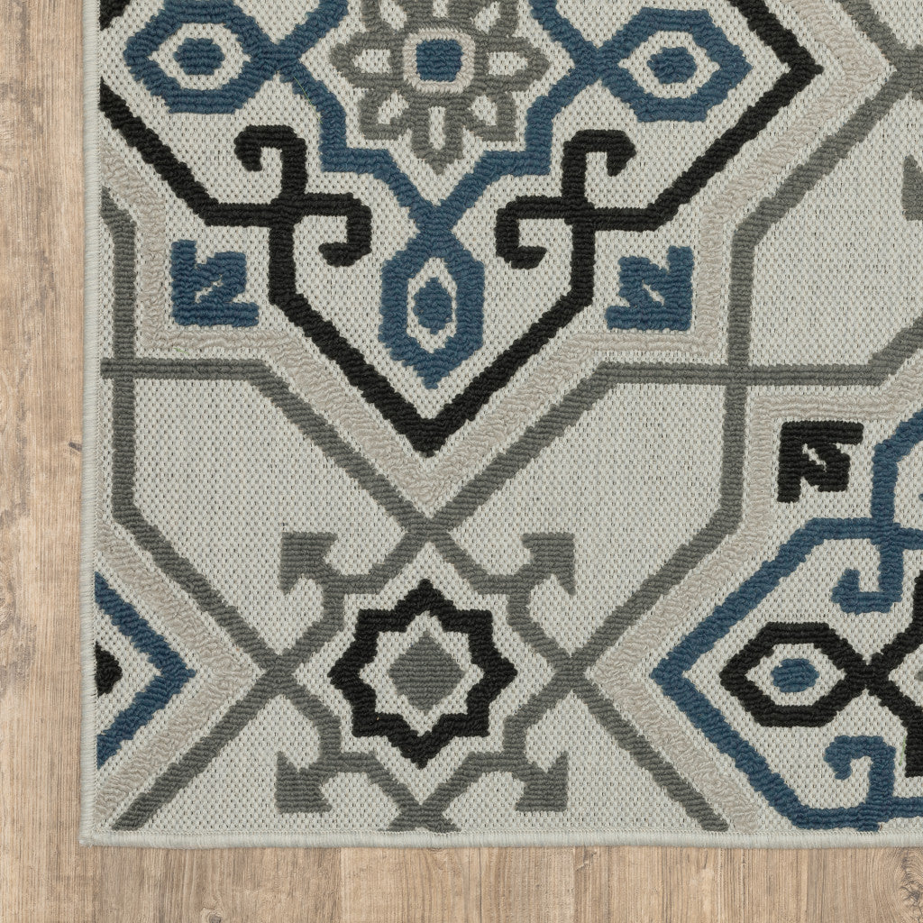 8' x 10' Blue and Beige Oriental Stain Resistant Indoor Outdoor Area Rug