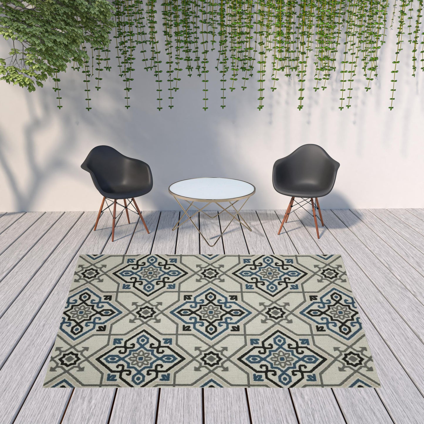 8' x 10' Blue and Beige Oriental Stain Resistant Indoor Outdoor Area Rug