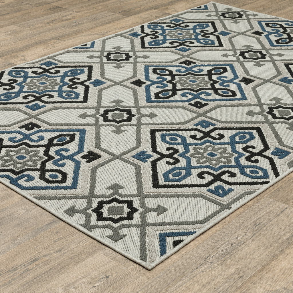 8' x 10' Blue and Beige Oriental Stain Resistant Indoor Outdoor Area Rug