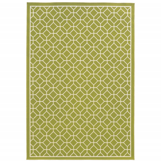 9' X 13' Green and Ivory Geometric Stain Resistant Indoor Outdoor Area Rug