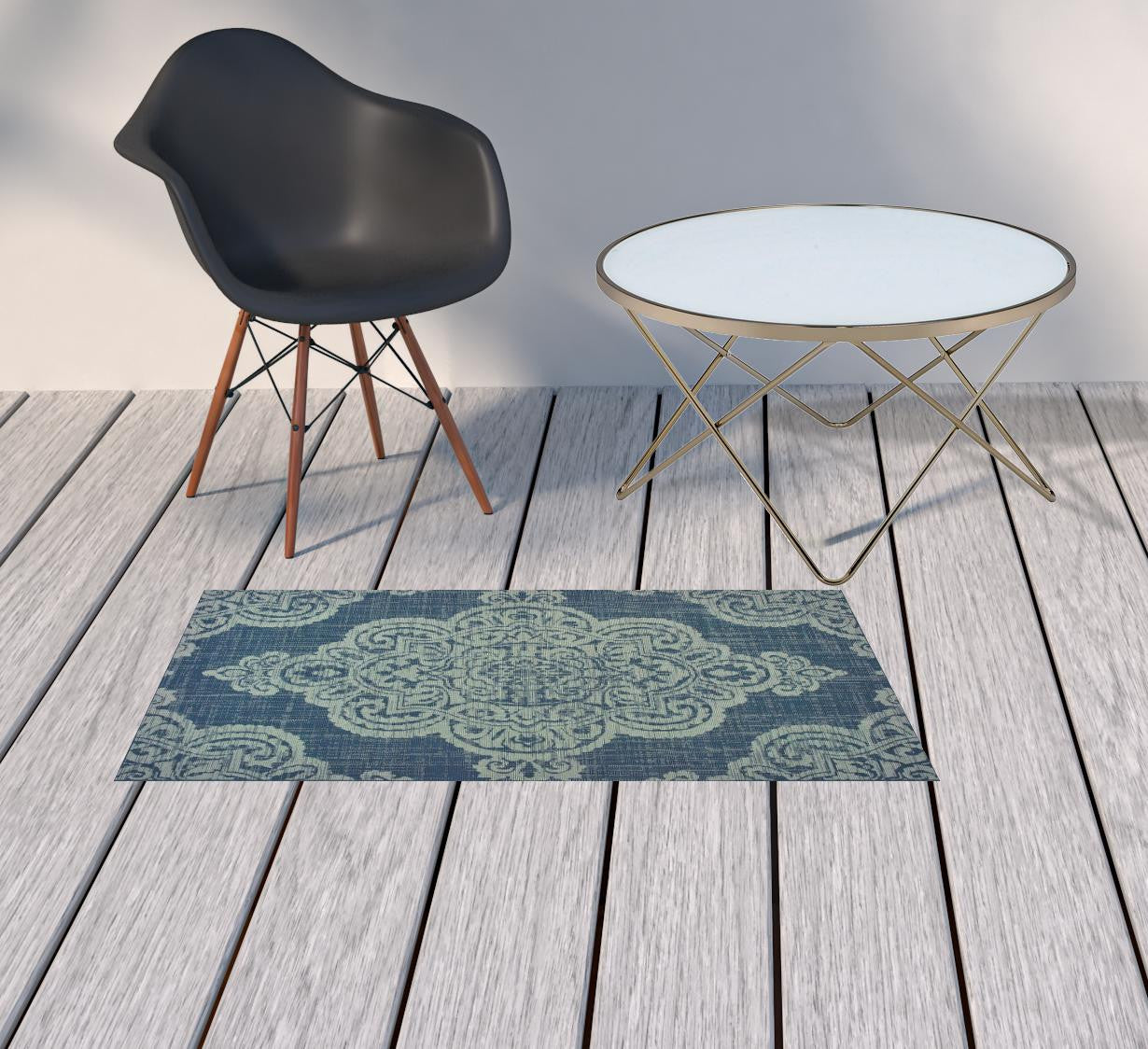 2' X 4' Blue Oriental Stain Resistant Indoor Outdoor Area Rug