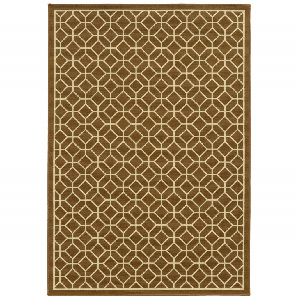 9' X 13' Brown and Ivory Geometric Stain Resistant Indoor Outdoor Area Rug