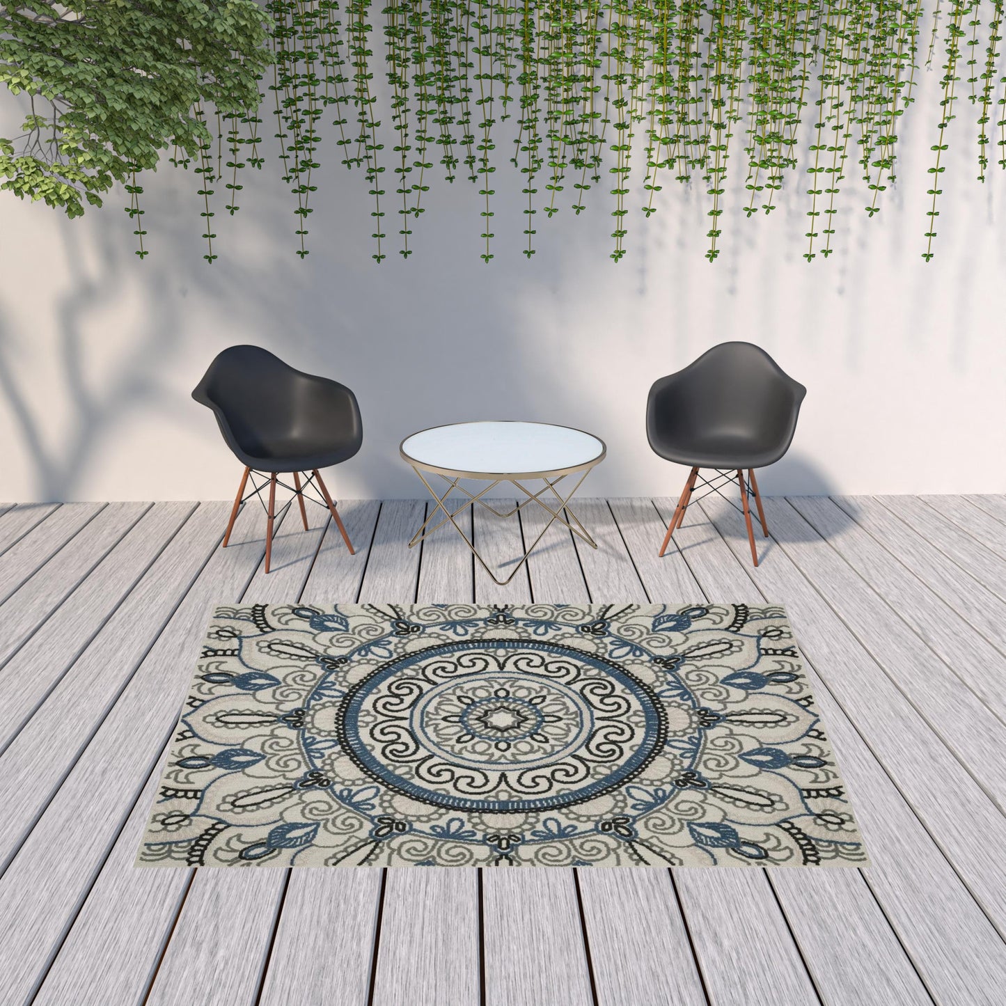 7' x 9' Blue and Beige Geometric Stain Resistant Indoor Outdoor Area Rug