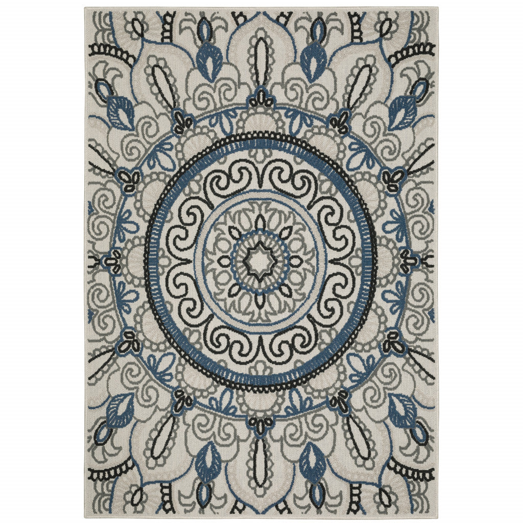 7' x 9' Blue and Beige Geometric Stain Resistant Indoor Outdoor Area Rug