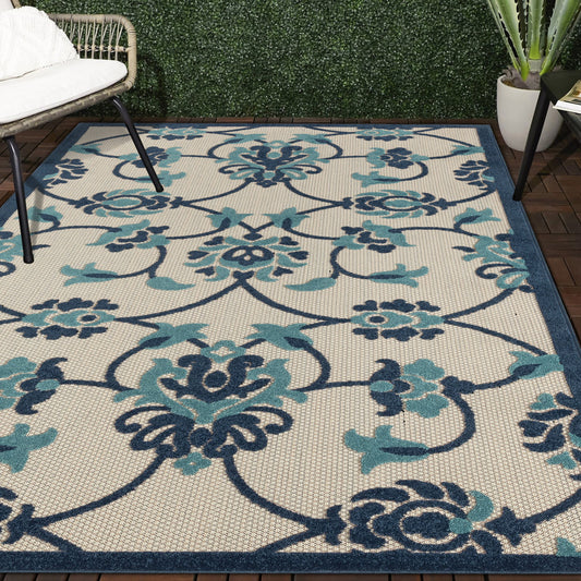 5' X 8' Blue Floral Non Skid Indoor Outdoor Area Rug