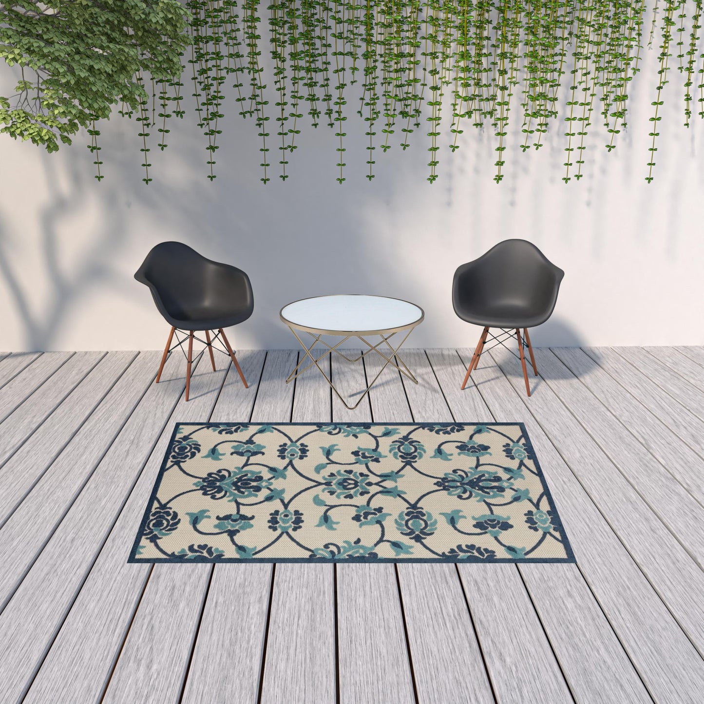 5' X 8' Blue Floral Non Skid Indoor Outdoor Area Rug