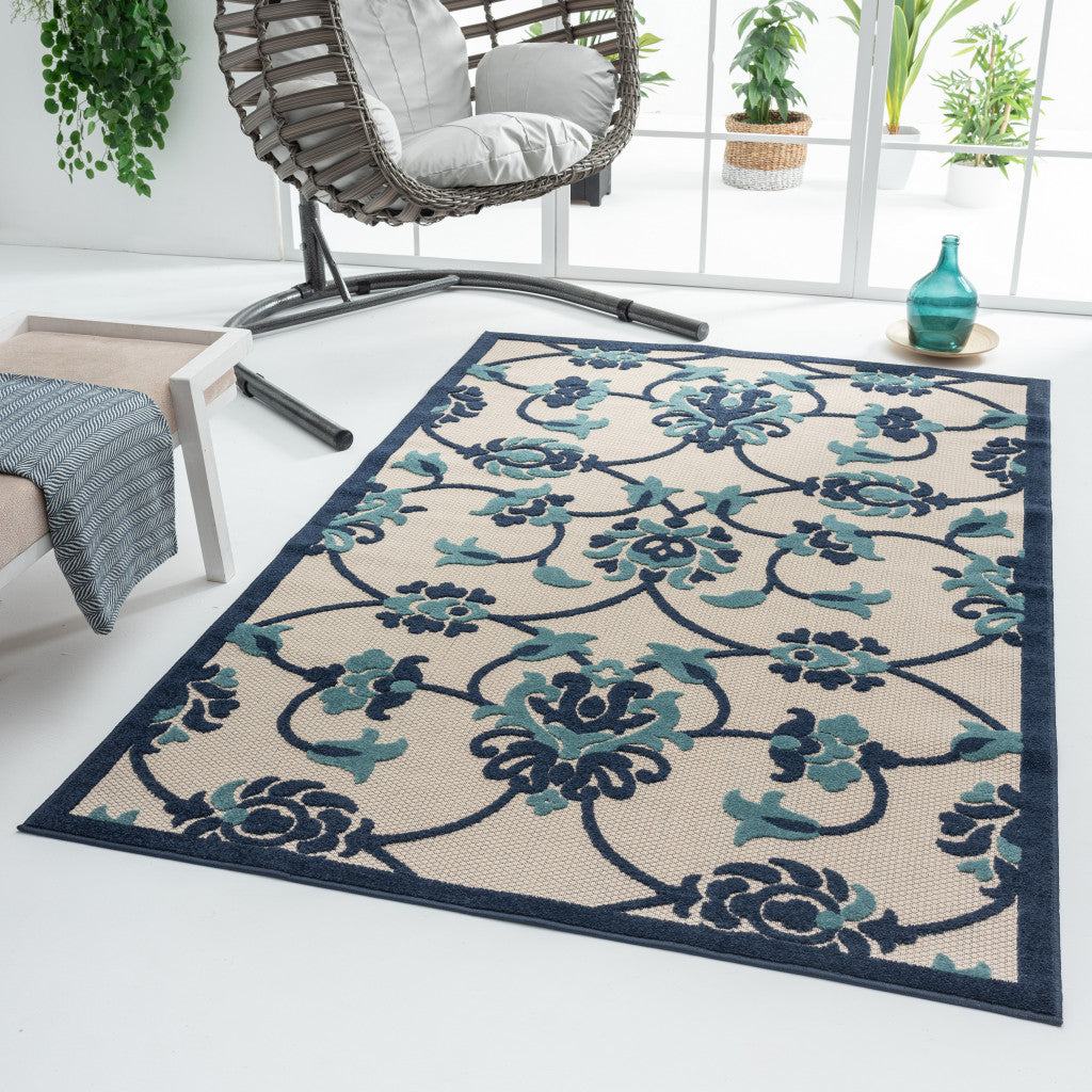 5' X 8' Blue Floral Non Skid Indoor Outdoor Area Rug