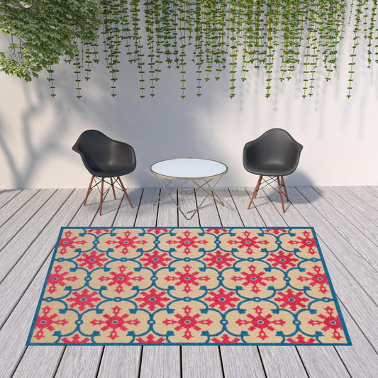 8' x 11' Blue and Beige Oriental Stain Resistant Indoor Outdoor Area Rug