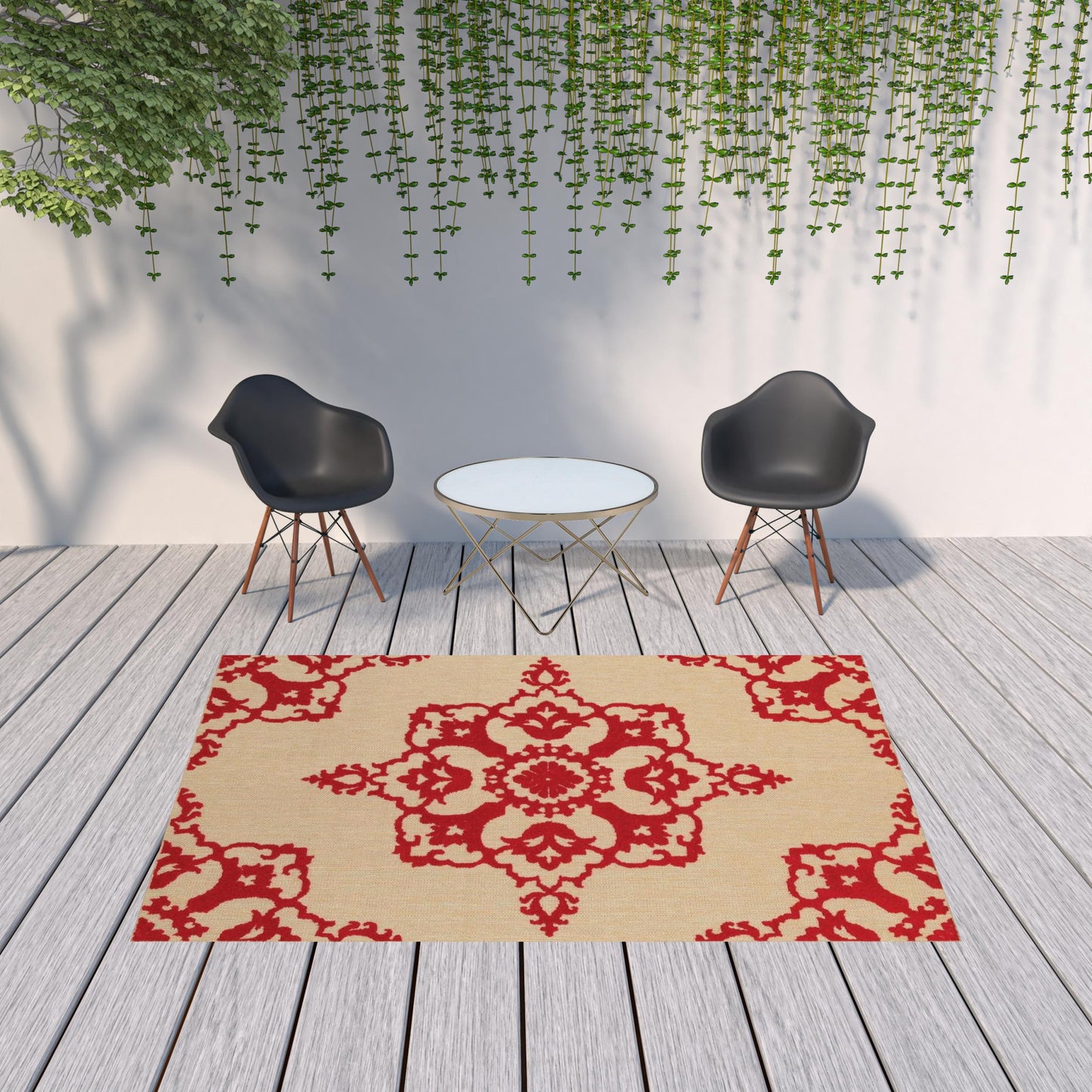 7' x 10' Red Oriental Stain Resistant Indoor Outdoor Area Rug