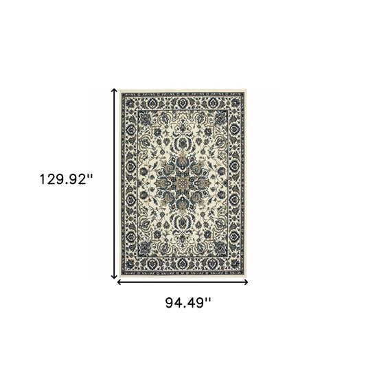 8' x 11' Ivory and Blue Oriental Stain Resistant Indoor Outdoor Area Rug