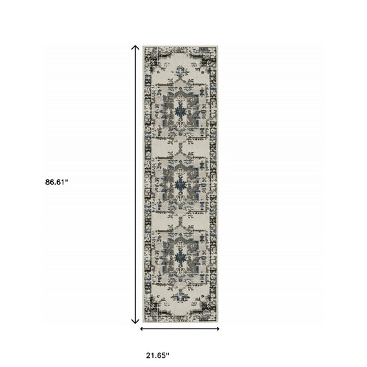 2' X 7' Blue and Beige Oriental Stain Resistant Indoor Outdoor Area Rug