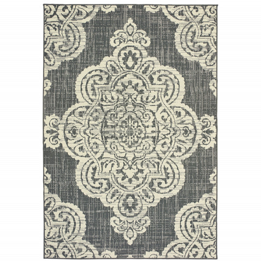 7' x 10' Gray and Ivory Oriental Stain Resistant Indoor Outdoor Area Rug