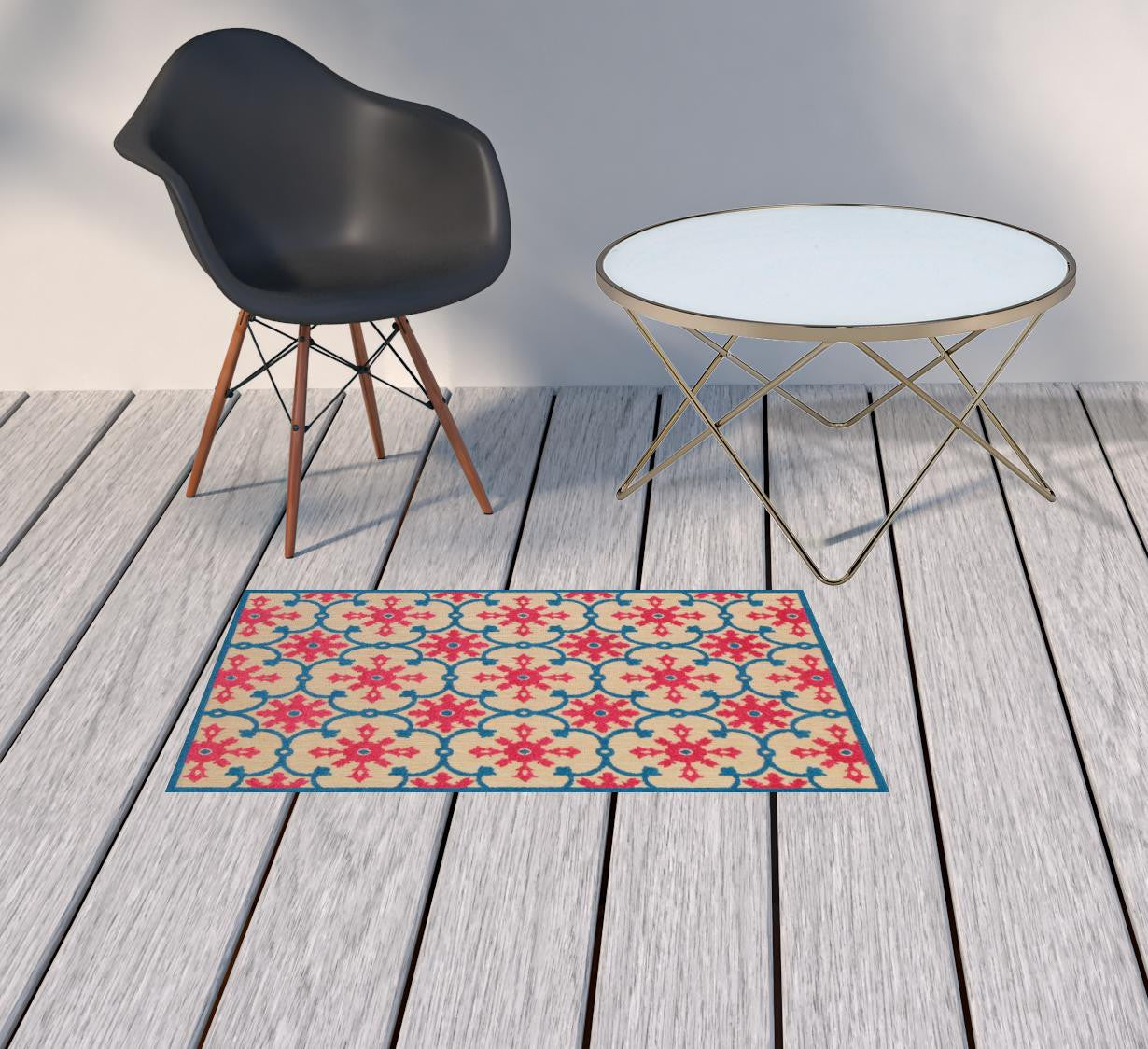 2' x 3' Blue and Beige Oriental Stain Resistant Indoor Outdoor Area Rug