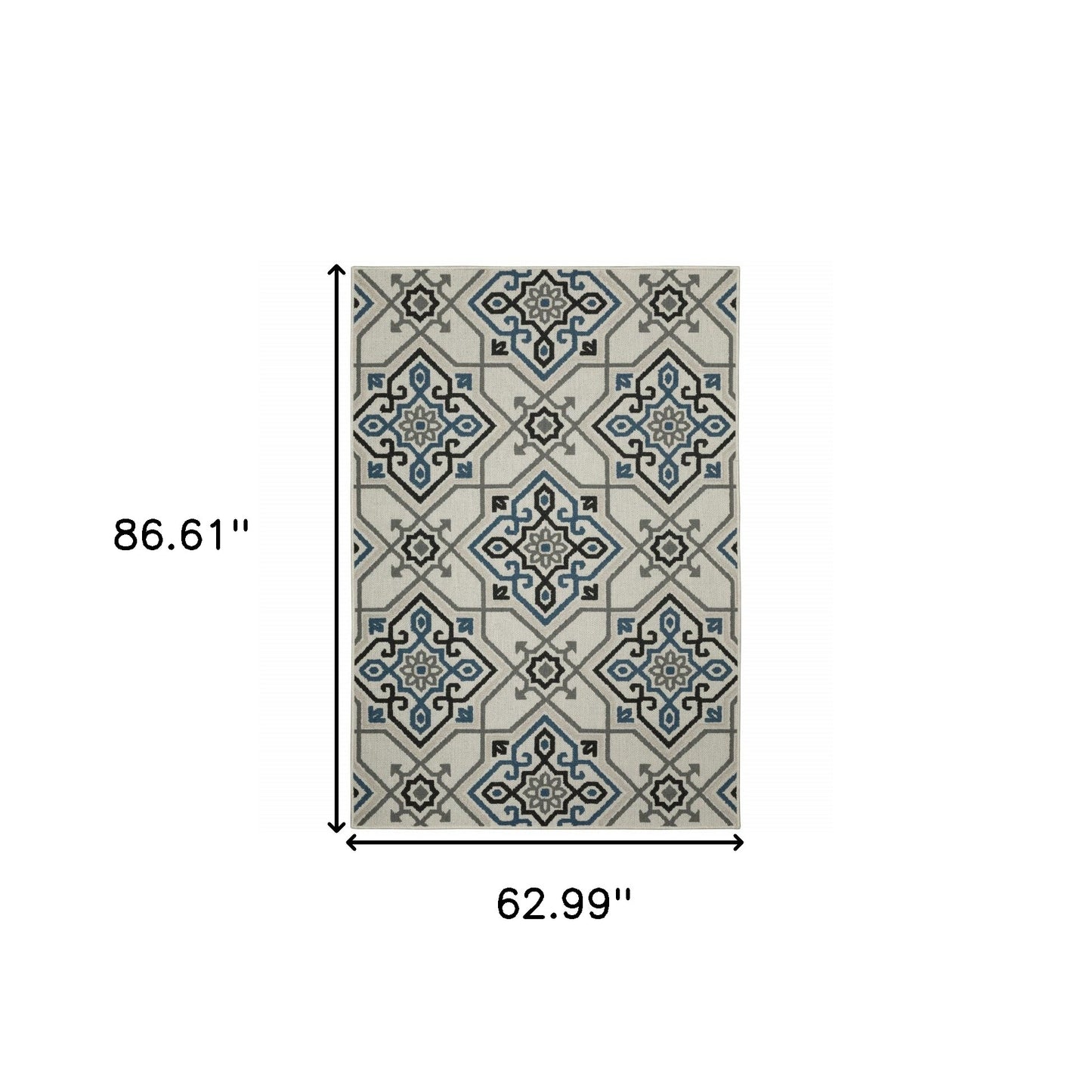 5' x 7' Blue and Beige Oriental Stain Resistant Indoor Outdoor Area Rug